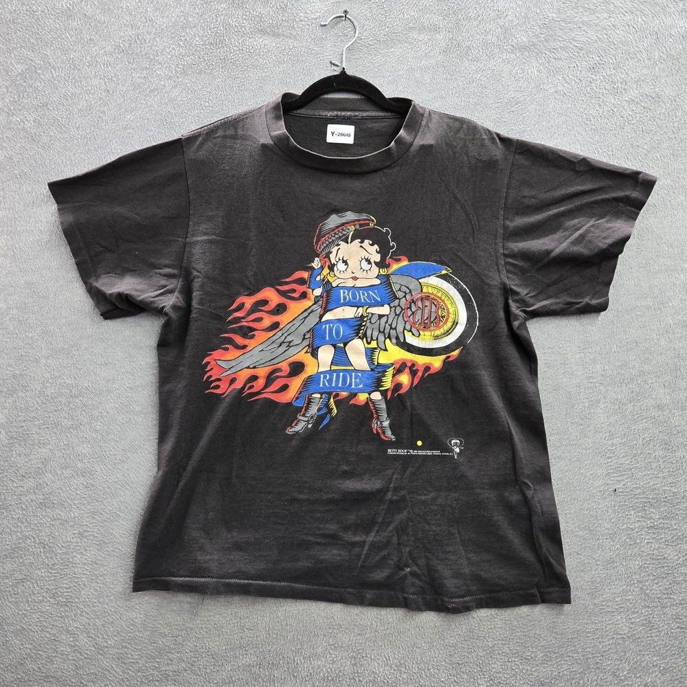 VINTAGE Betty Boop Men Shirt L Black Graphic Born‎ To Ride Single Stitch 90s